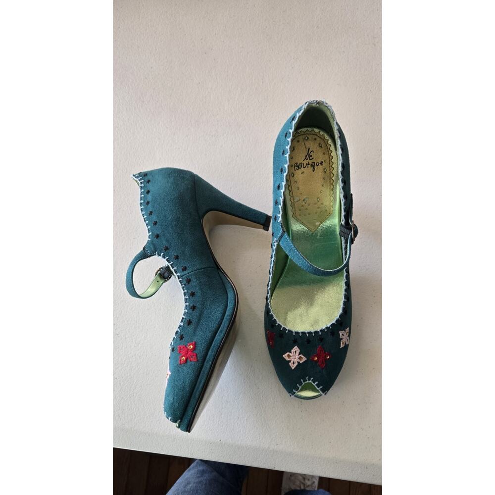 SE Boutique sam edelman green embroidered Peep Toe Rockabilly mary jane heel 8 M - Picture 2 of 7